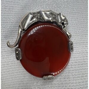 Sterling Silver 925 Panther Carnelian Cabochon Marcasite Brooch Pin Pendant